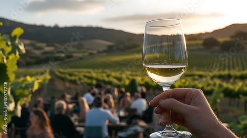 Enjoying Wine Tasting at Vineyard: Hand Holding Glass of Wine in Crowd of Guests