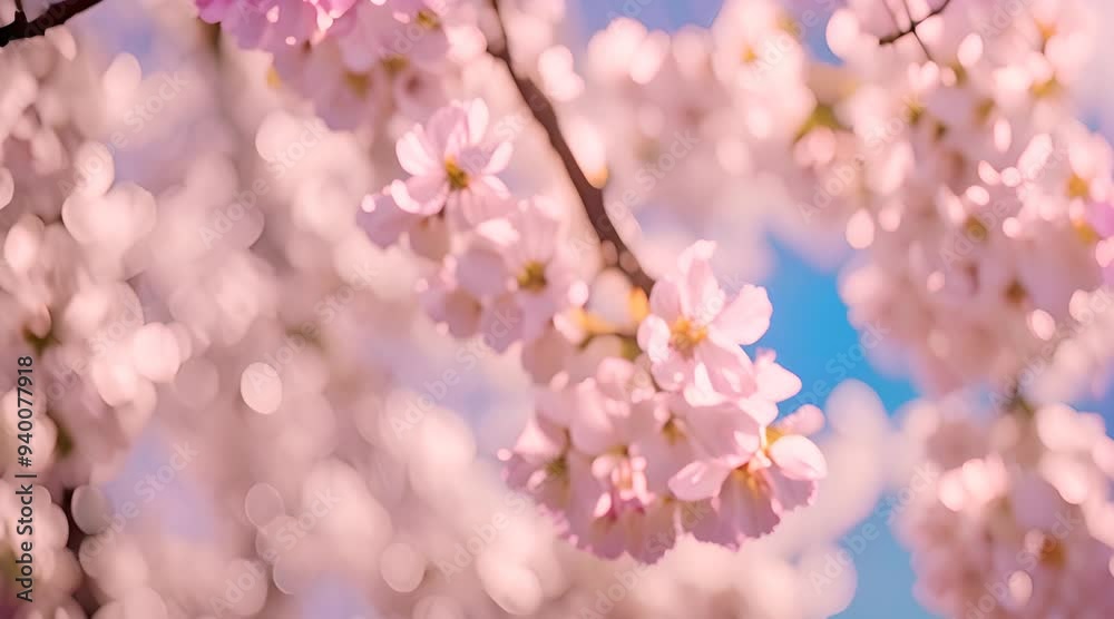 Hanging garlands of cherry blossoms, swaying gently in the gentle breeze, with the petals glistening in the golden sunlight