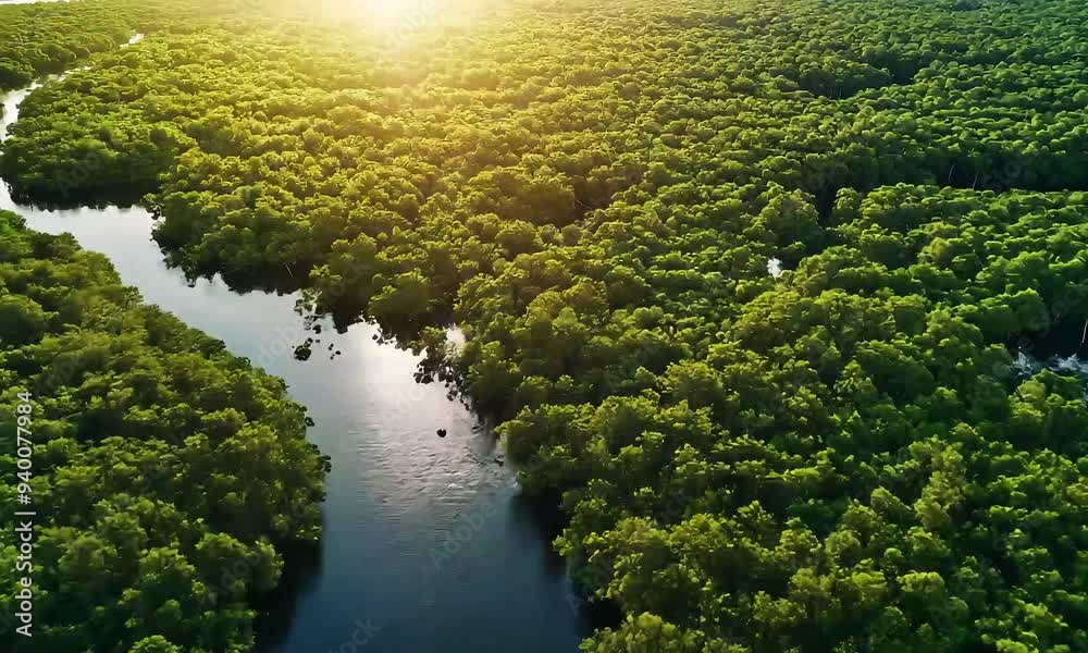 Aerial view of lush mangrove forest at sunrise with ai generated.
Aerial view of lush mangrove forest at sunrise with ai generated.