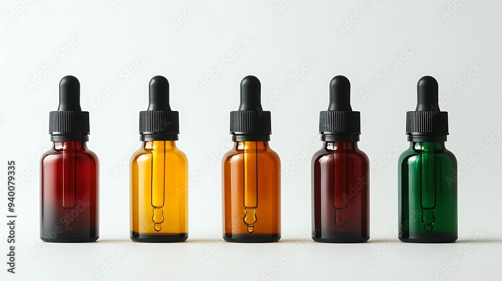 Vibrant Herbal Tinctures in Colored Glass Vials with Droppers on White Background for Brand Display. Vibrant Herbal Tinctures in Colored Glass Vials with Droppers on White Background for Brand Display.