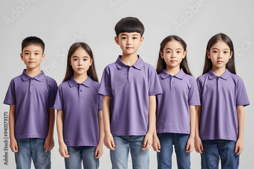 Asian kids presenting front and back views of minimalist purple polo shirts on a neutral grey background