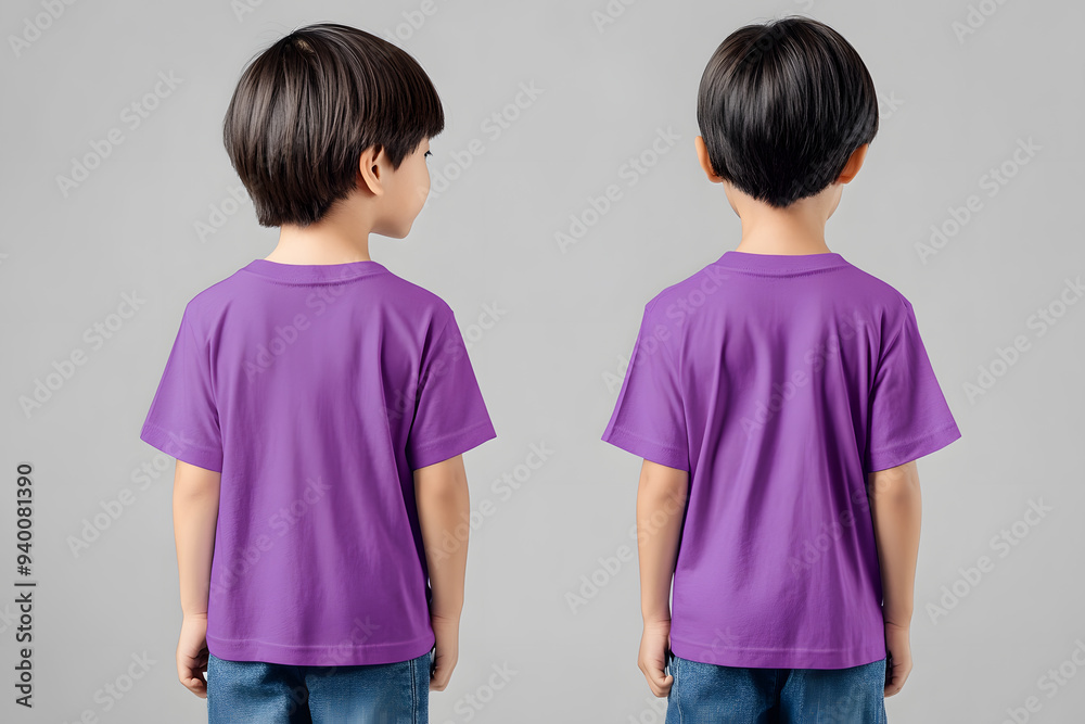 Asian child modeling vibrant purple t-shirt mock-up in front and back views with grey background Asian child modeling vibrant purple t-shirt mock-up in front and back views with grey background
