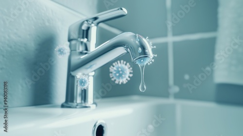 Close-up of a water tap releasing water filled with harmful bacteria and viruses, illustrating the dangers of water contamination and public health risks.