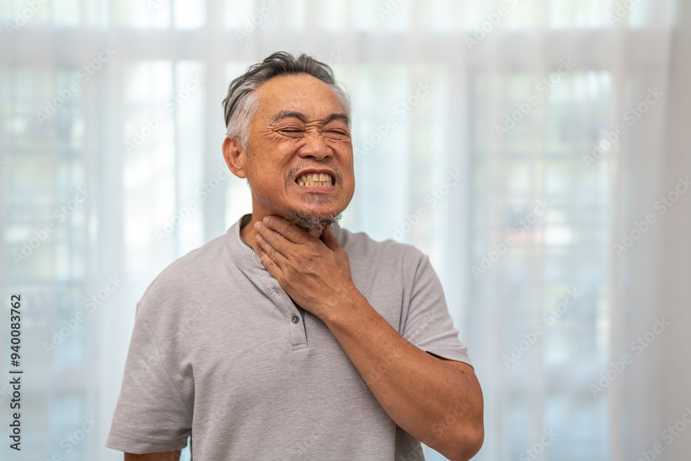 Sick senior man touching neck unwell coughing with sore throat pain,lung cancer,bronchitis,Bronchial Asthma,Tuberculosis,pneumonia,covid-19,eco air pollution pm2.5.insurance and hospital Sick senior man touching neck unwell coughing with sore throat pain,lung cancer,bronchitis,Bronchial Asthma,Tuberculosis,pneumonia,covid-19,eco air pollution pm2.5.insurance and hospital