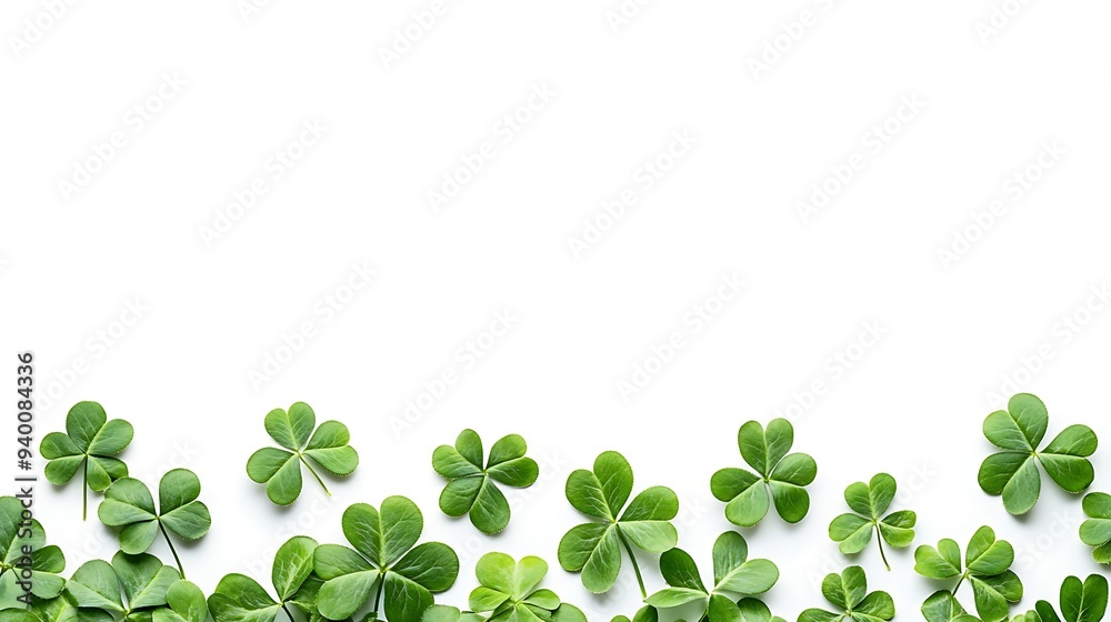 Shamrock Leaves Top View Flat Lay on White Background with Copy Space for St. Patrick's Day Banner Design Shamrock Leaves Top View Flat Lay on White Background with Copy Space for St. Patrick's Day Banner Design
