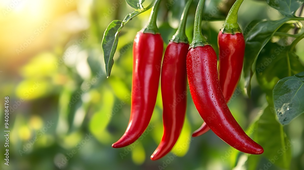 Vibrant Red Chilies on the Vine - High Resolution Macro Shot with Soft Shadows and Organic Garden Background Vibrant Red Chilies on the Vine - High Resolution Macro Shot with Soft Shadows and Organic Garden Background