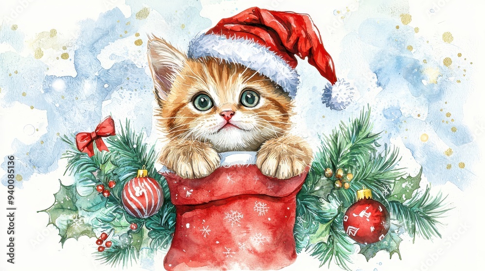 A cute kitten in a Christmas hat peeking out from a festive stocking surrounded by holiday decorations and greenery. A cute kitten in a Christmas hat peeking out from a festive stocking surrounded by holiday decorations and greenery.