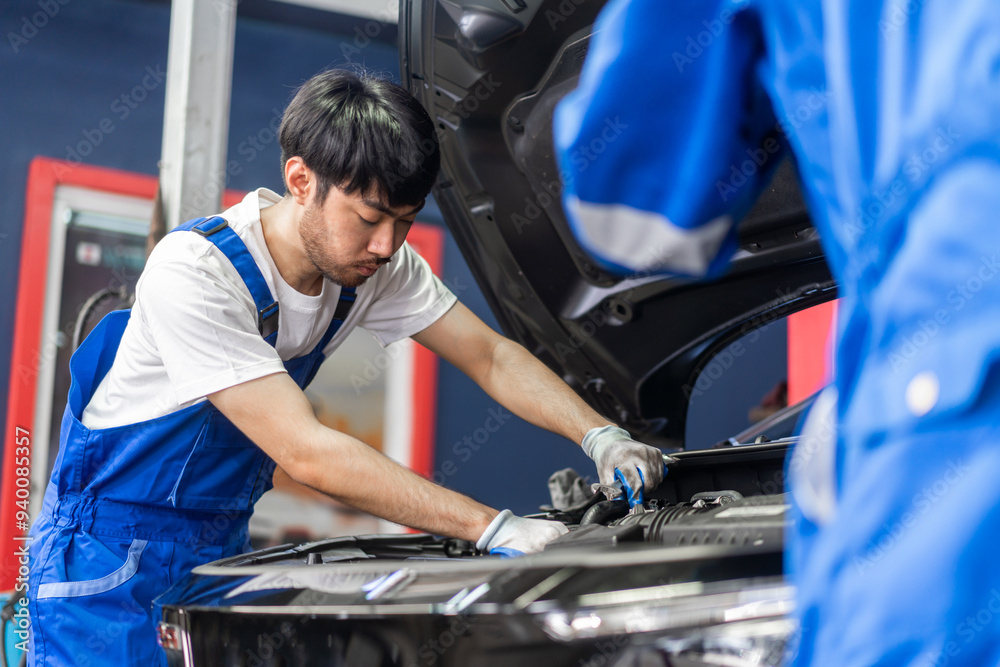 Professional car technician mechanic man in uniform work fixing vehicle car engine and maintenance repairing checking under the car hood in auto service. Automobile service garage Professional car technician mechanic man in uniform work fixing vehicle car engine and maintenance repairing checking under the car hood in auto service. Automobile service garage
