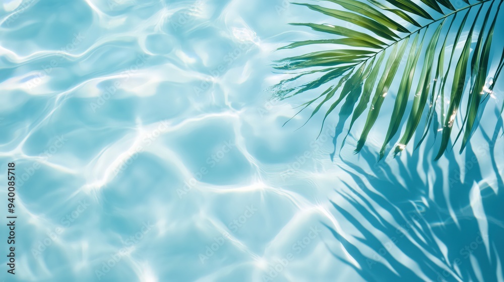 Sunlit blue pool water reflecting the shadow of a palm leaf, creating a fresh, tropical summer vibe.