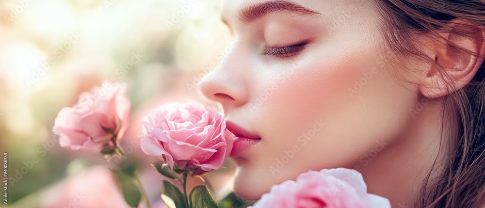A serene moment of a woman enjoying the fragrance of pink roses in a soft, dreamy atmosphere. A serene moment of a woman enjoying the fragrance of pink roses in a soft, dreamy atmosphere.