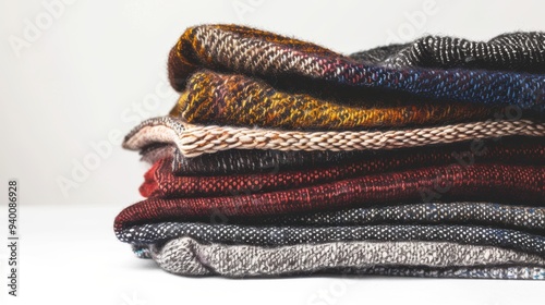 Stack of folded warm winter sweaters showing their texture