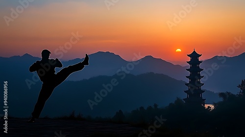 Wallpaper Mural Serene Dawn Warrior - Martial artist silhouette practicing high kick at sunrise with mountains and pagoda in background Torontodigital.ca