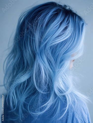 A close-up view of beautiful, wavy blue hair with a soft, dreamy tone, perfect for fashion, beauty, and hair styling themes.