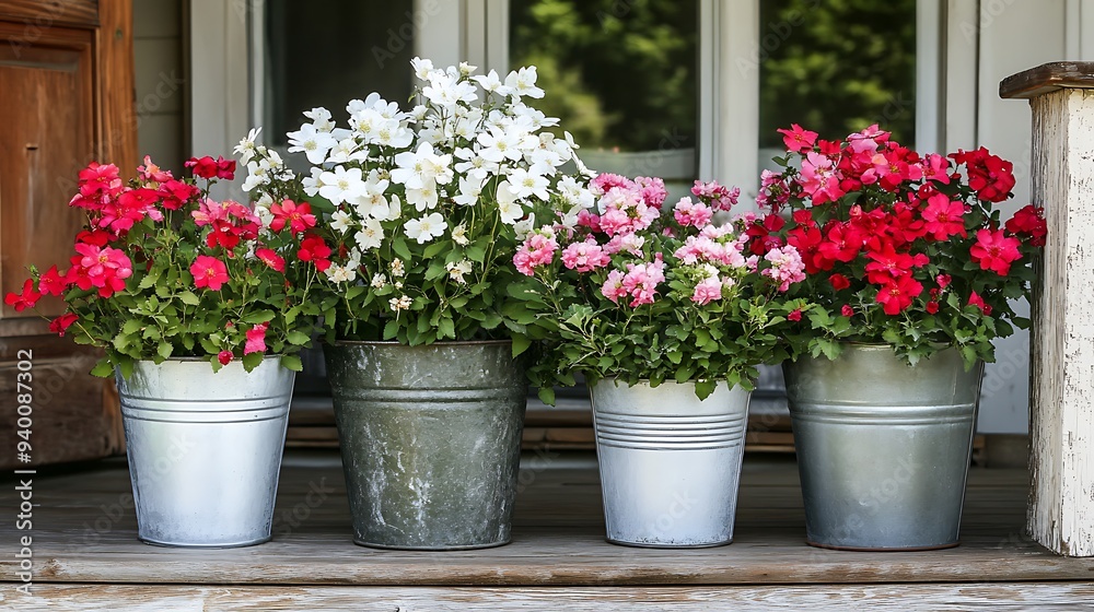 Rustic Charm: Galvanized Metal Buckets with White, Red, and Pink Flowers on Upper-Middle-Class Home Porch Rustic Charm: Galvanized Metal Buckets with White, Red, and Pink Flowers on Upper-Middle-Class Home Porch