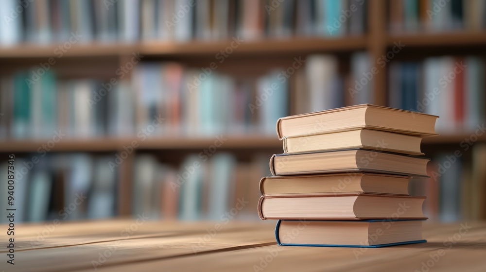 A stack of books sits on a wooden table in a library, with a blurred bookshelf in the background, symbolizing knowledge, learning, and the pursuit of education. A stack of books sits on a wooden table in a library, with a blurred bookshelf in the background, symbolizing knowledge, learning, and the pursuit of education.