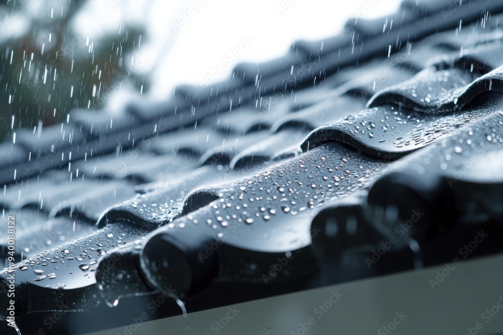 Raindrops on Dark Tile Roof in Rainstorm Raindrops on Dark Tile Roof in Rainstorm
