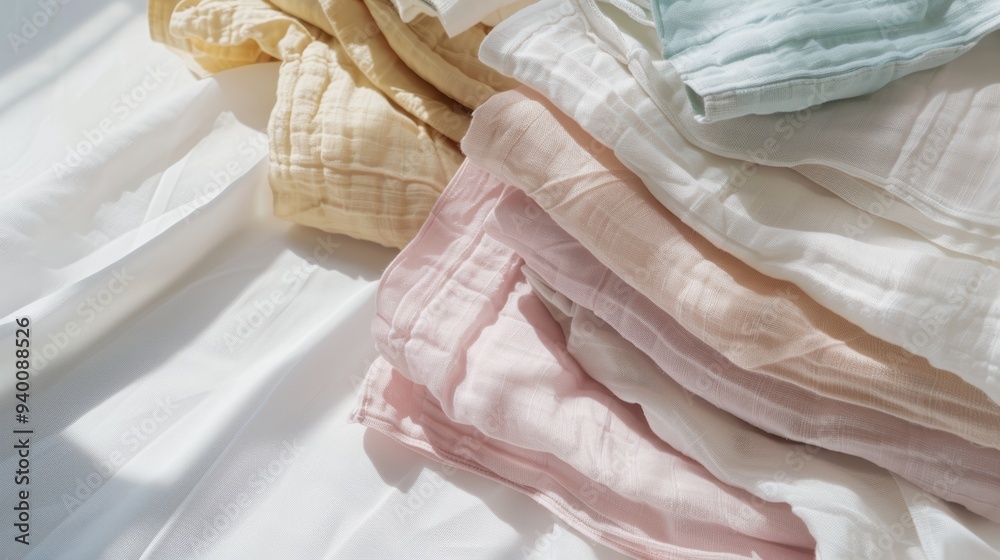 Stack of soft pastel colored muslin baby blankets laying on white sheets Stack of soft pastel colored muslin baby blankets laying on white sheets