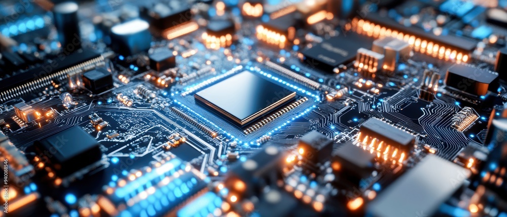 Detailed close-up of a modern microchip on a circuit board, showcasing intricate design and bright LED lights. Detailed close-up of a modern microchip on a circuit board, showcasing intricate design and bright LED lights.