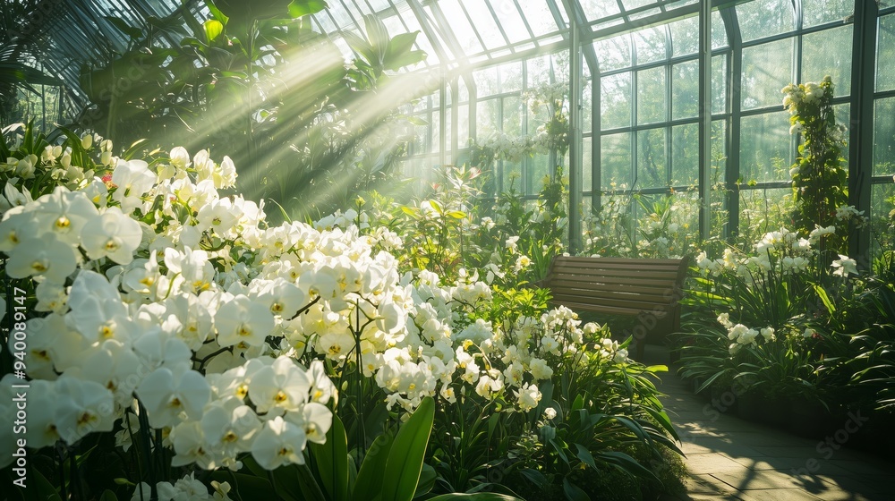 In a lush greenhouse, white flowers bloom; sunlight shines on green foliage, inviting tranquility. In a lush greenhouse, white flowers bloom; sunlight shines on green foliage, inviting tranquility.