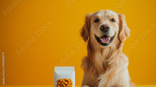 A dog is sitting on a yellow surface with a bag of dog treats next to it photo