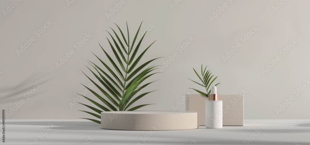 Minimalist Product Display with Tropical Leaf and Stone Podium Minimalist Product Display with Tropical Leaf and Stone Podium