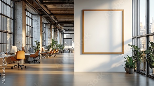  Colored office room interior with coworking space and window. Mockup frame  photo