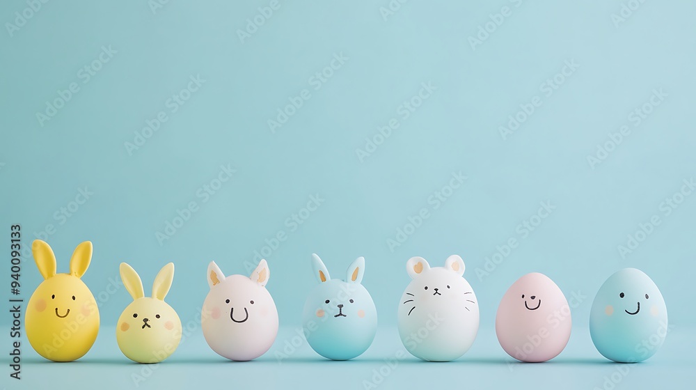 Sweet Easter Eggs with Adorable Animal Faces in Pastel Colors on Blue Background | Festive Holiday Concept with Space for Text and Design Sweet Easter Eggs with Adorable Animal Faces in Pastel Colors on Blue Background | Festive Holiday Concept with Space for Text and Design