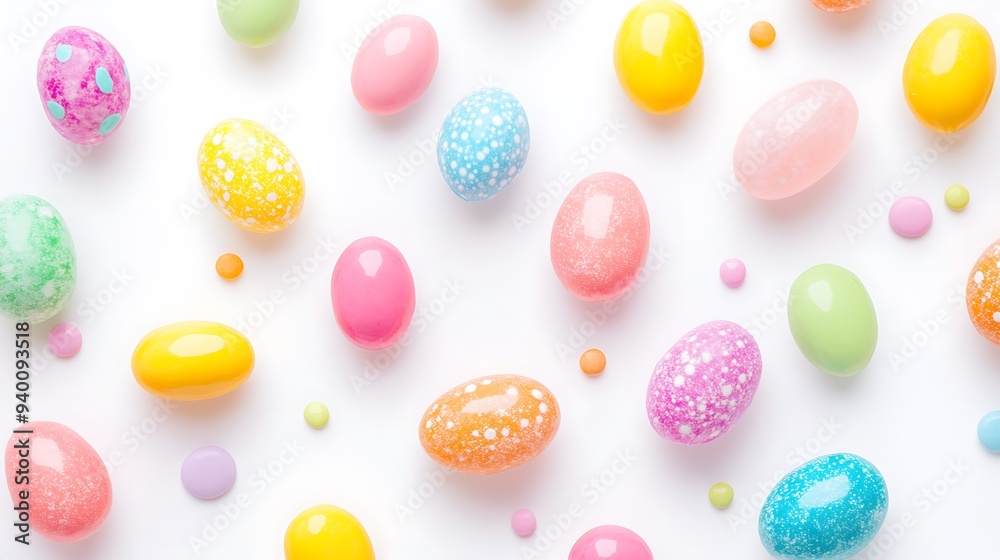 Vibrant Easter Candy Delights in Pastel Hues on Soft White Background - Seasonal Concept with Copy Space Vibrant Easter Candy Delights in Pastel Hues on Soft White Background - Seasonal Concept with Copy Space