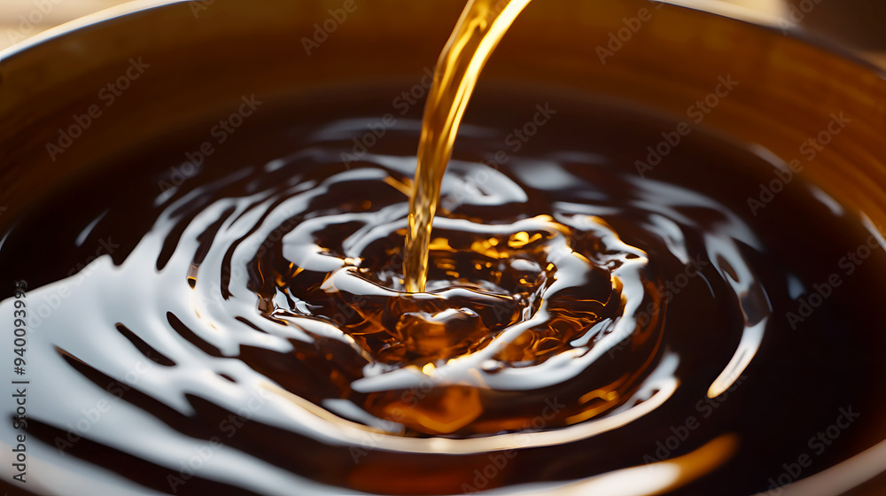 Syrup Swirling in Coffee/ A dramatic shot of syrup being stirred into a cup of black coffee, creating swirling patterns that catch the light Syrup Swirling in Coffee/ A dramatic shot of syrup being stirred into a cup of black coffee, creating swirling patterns that catch the light