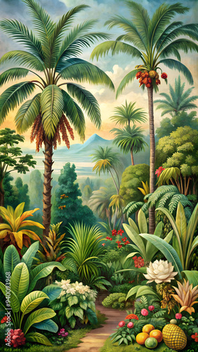 Wallpaper Mural Tropical vintage botanical landscape illustration, palm tree, vegetable flower border background. Exotic green jungle background and wallpaper, forrest, rainforest, plants and nature illustration Torontodigital.ca