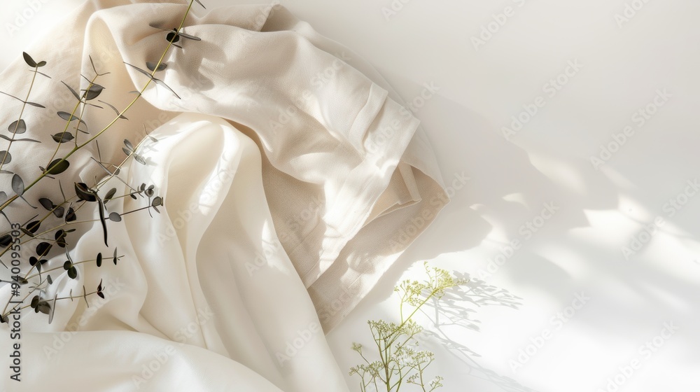 Fototapeta premium Eucalyptus branches lying on white linen fabric with sunlight shadow