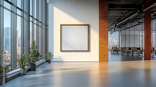  Colored office room interior with coworking space and window. Mockup frame 