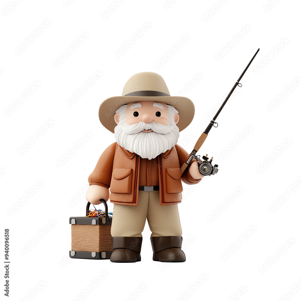 Fisherman with a fishing rod and tackle box 3D illustration on transparent background Fisherman with a fishing rod and tackle box 3D illustration on transparent background
