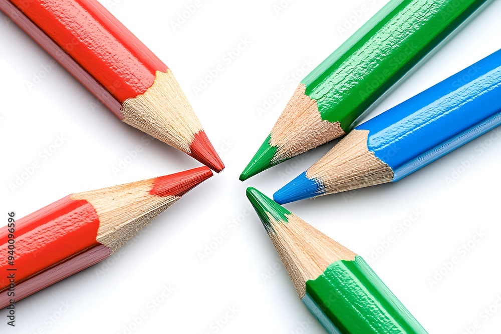 Vibrant Three-Colored Pencils in Crisscross Pattern on White Background - Flat Stylized Illustration Vibrant Three-Colored Pencils in Crisscross Pattern on White Background - Flat Stylized Illustration