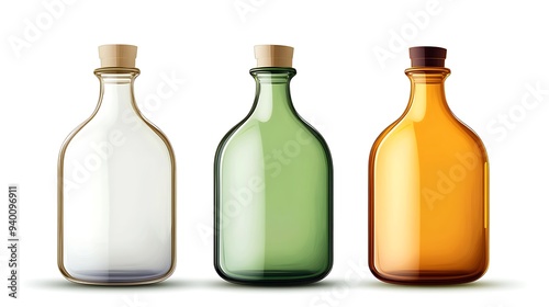 Modern Glass Bottles Trio: Clear, Amber, and Green on White Background