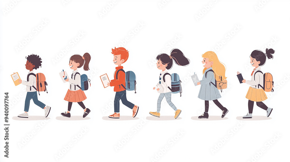 A group of children walking down a street with backpacks A group of children walking down a street with backpacks