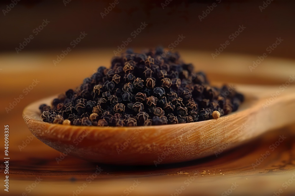 Black Peppercorns in a Wooden Spoon Black Peppercorns in a Wooden Spoon