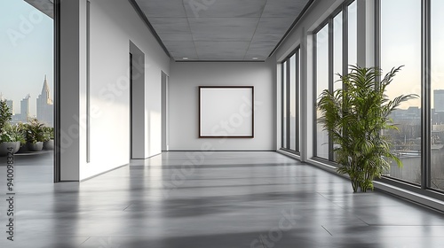  Colored office room interior with coworking space and window. Mockup frame 