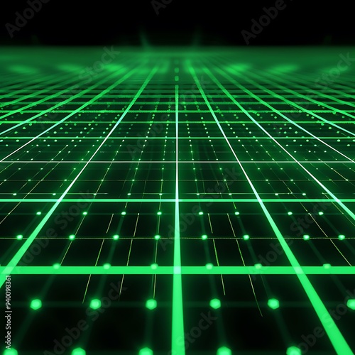 A vibrant digital grid background with glowing green lines forming a grid on a black surface, giving a sense of depth and movement. 8k UHD, suitable for high-quality printing or digital display. 