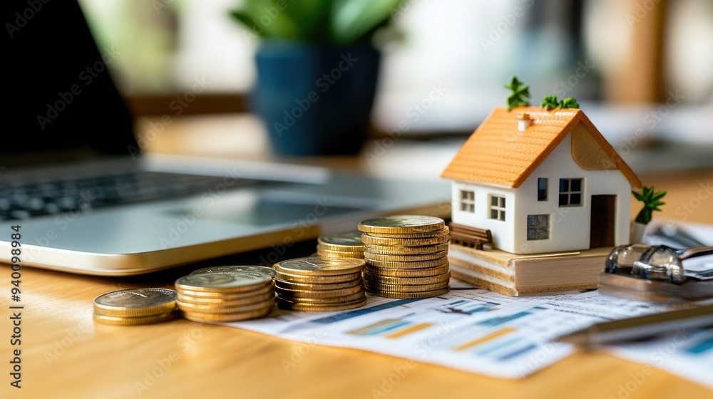 A miniature house model with coins and documents symbolizes real estate investment and financial growth in a workspace. A miniature house model with coins and documents symbolizes real estate investment and financial growth in a workspace.