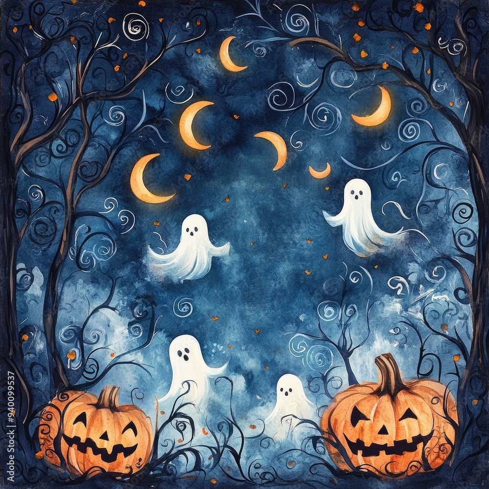 A whimsical Halloween scene featuring pumpkins, ghosts, and a starry night sky adorned with crescent moons.