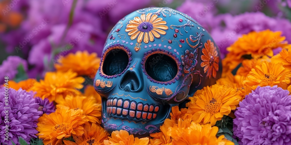 dia de los muertos festive sugar skull mask with dahlias, roses and orange marigolds on a purple background, flat lay photography dia de los muertos festive sugar skull mask with dahlias, roses and orange marigolds on a purple background, flat lay photography