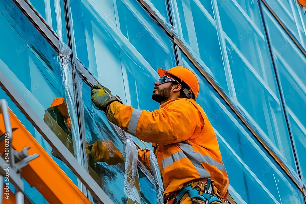 Construction Worker Installing Window on Modern Building Photo Construction Worker Installing Window on Modern Building Photo