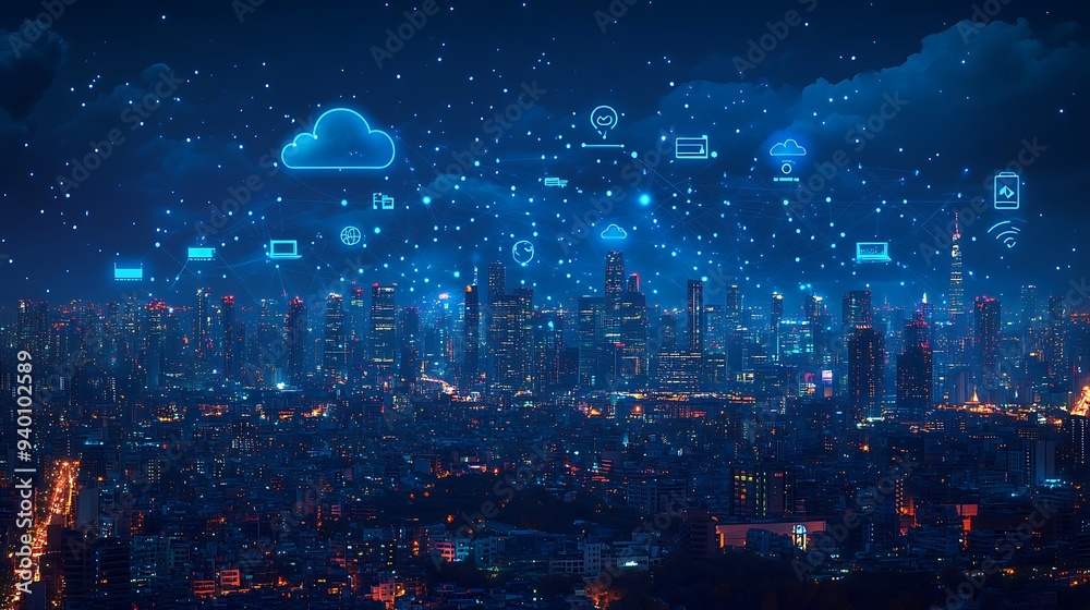  Global data storage hologram and backup, files synchronization and city view 