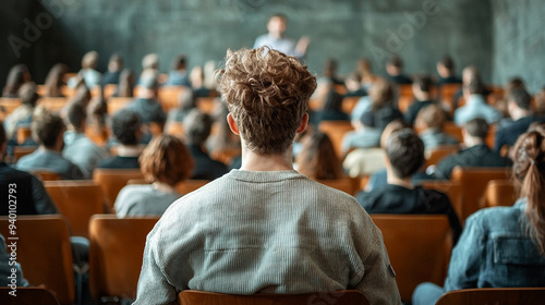 A man sits in a classroom with a crowd of people