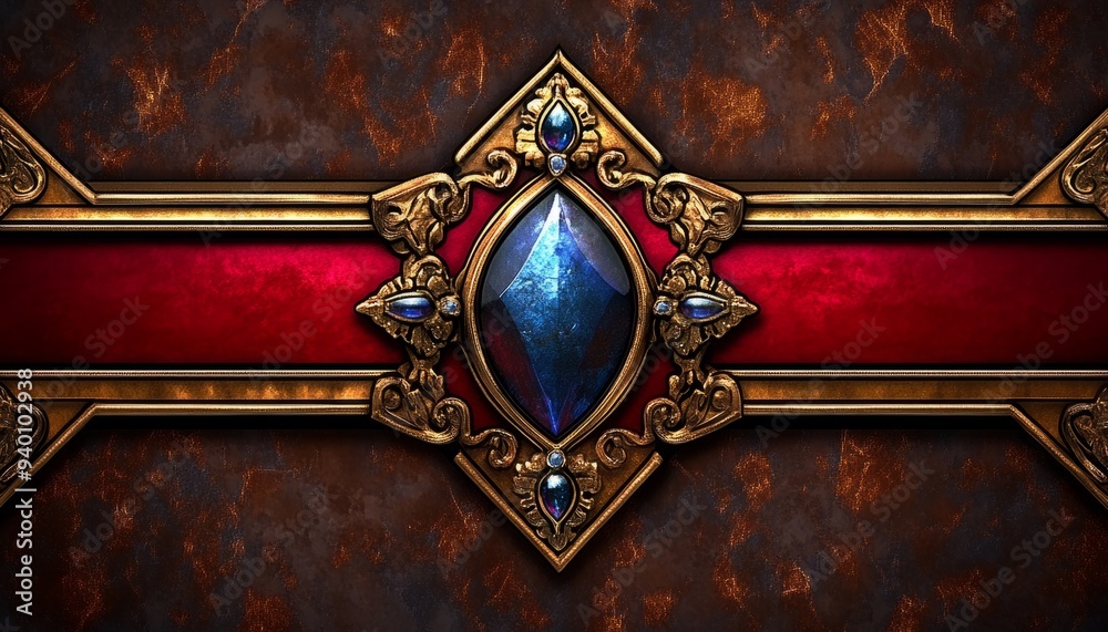 Fototapeta premium Ornate Gold Frame with Blue Gemstone on Red and Rusty Background
