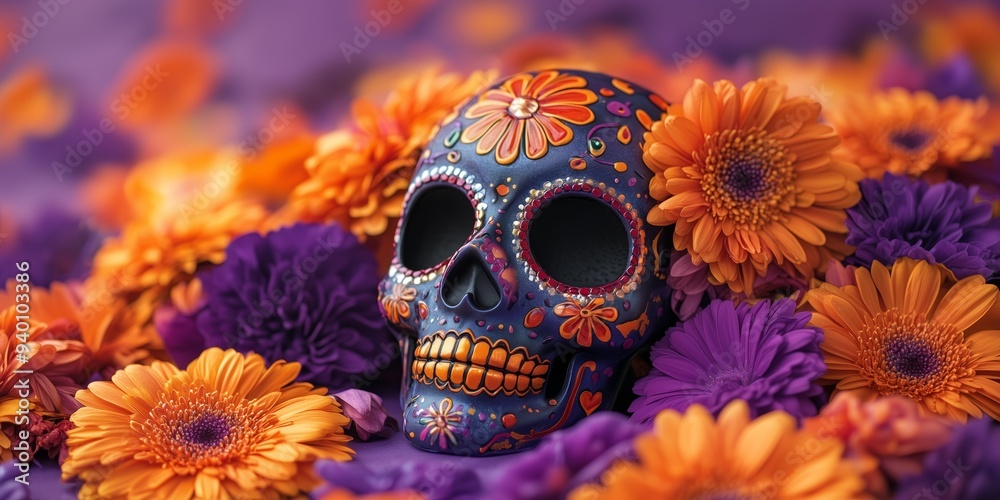 dia de los muertos festive sugar skull mask with dahlias, roses and orange marigolds on a purple background, flat lay photography dia de los muertos festive sugar skull mask with dahlias, roses and orange marigolds on a purple background, flat lay photography