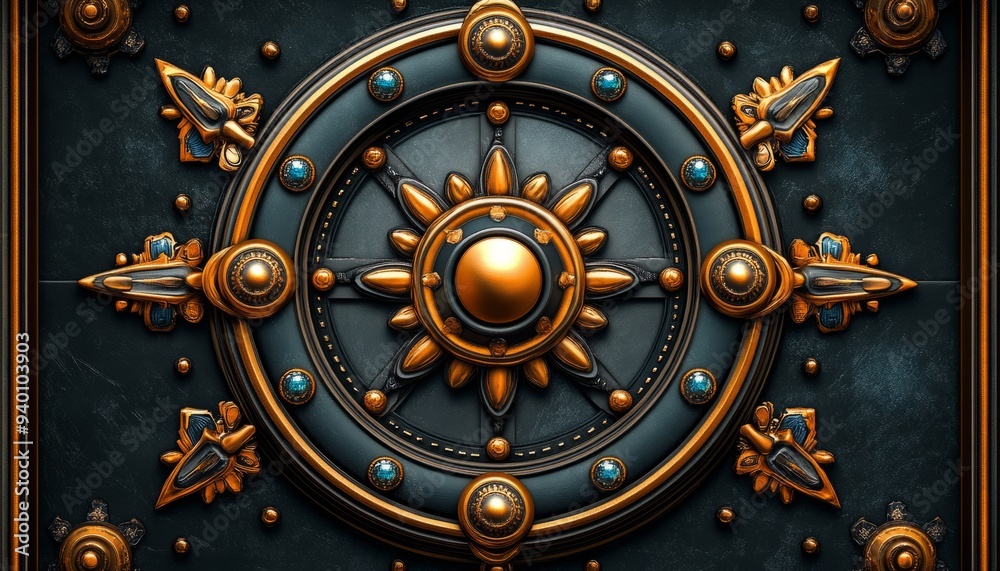 Ornate Golden Wheel with Blue Gems and Black Background Ornate Golden Wheel with Blue Gems and Black Background