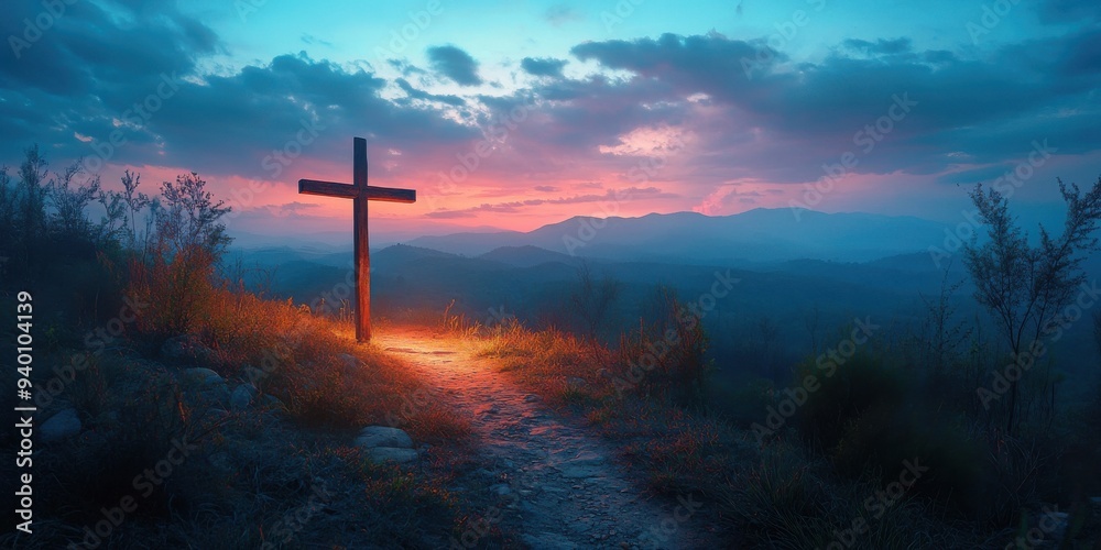 A wooden cross is lit up in the middle of a field A wooden cross is lit up in the middle of a field