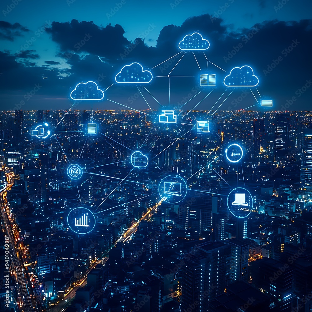 Global data storage hologram and backup, files synchronization and city view Global data storage hologram and backup, files synchronization and city view